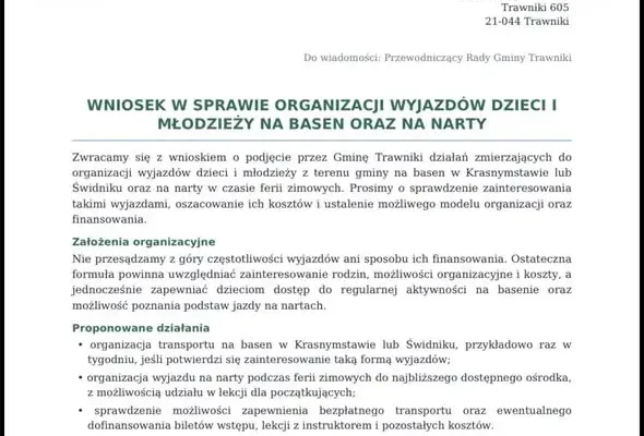 Mieszkańcy chcą basenu i nart dla dzieci. Wniosek trafił do Gminy Trawniki