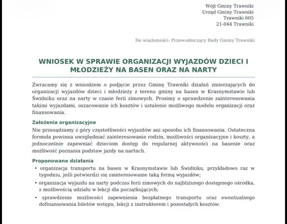 Mieszkańcy chcą basenu i nart dla dzieci. Wniosek trafił do Gminy Trawniki